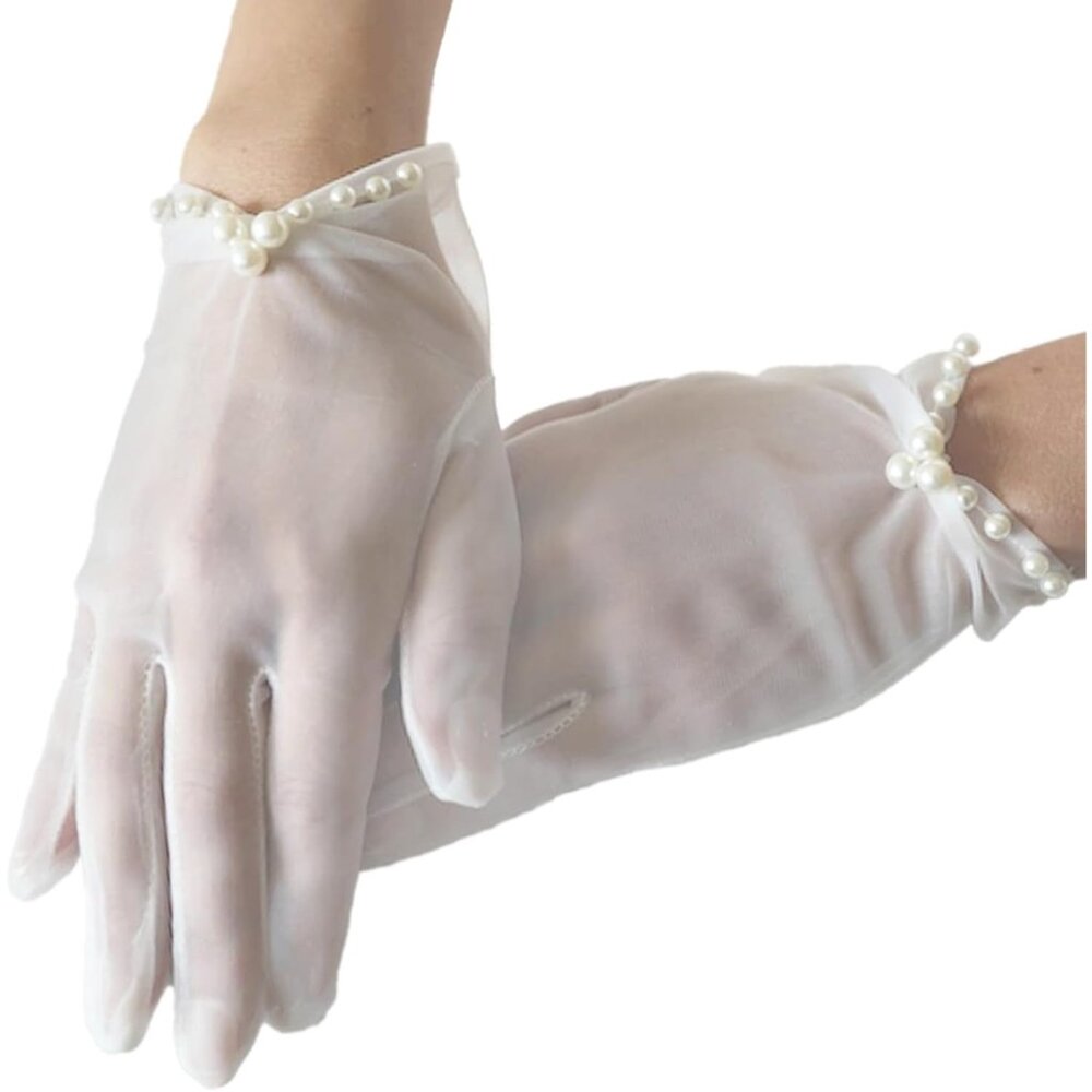 Women's White Tulle Pearls Lace Short Gloves Formal Bridal Wedding Occasions